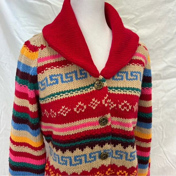 Vintage Liz Claiborne Intarcia Jaquard wool blend colorful collared cardigan. - Picture 2 of 7